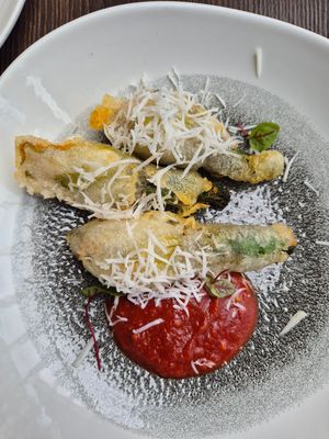 Stuffed zucchini flowers (3) $21: cheese was ok, decent amount but not much taste, lovely tempura coating
 at Vandal in Newtown