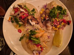 Charred chickn; Baha fish; Popcorn prawns: Amazing! $8 each or 4.50 on taco tuesday at Vandal in Newtown