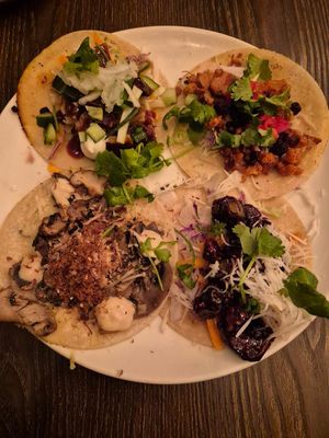 Duck carnitas; Cauliflower al pastor; Korean fried eggplant; Wild mushroom tacos: All tasty as! $8 each or 4.50 on taco tuesday at Vandal in Newtown
