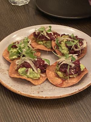 “Tuna” sashimi tostadas w/ with guac, pickled green mango and salsa macha. The watermelon sashimi was incredible!  at Vandal in Newtown