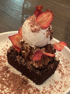 Ferrero Rocher tarta with coconut gelato, strawberries, chocolate, and nut soil  at Vandal in Newtown