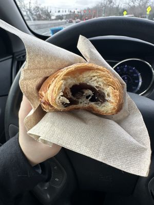 Inside of pain Au chocolat  at Peach and Pine in St James