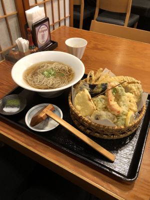 Vegan hot soba with vegetable tempura (there's a gluten free option aswell)  at Genji-soba in Osaka