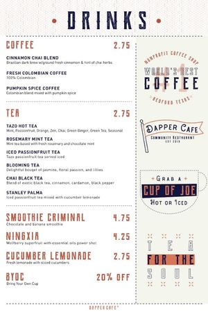 drink menu at Dapper in Bedford