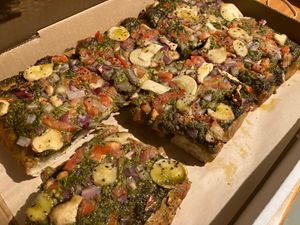 Trumpet pesto pizza at Cozy Plum Bistro  in Sebastopol