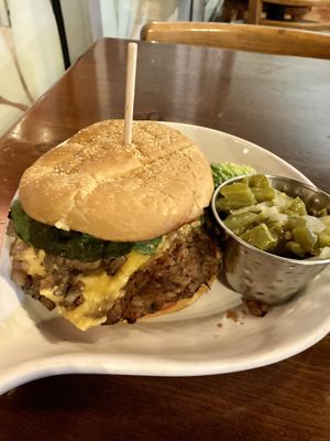 Mushroom Gouda Burger with pickled jalapeños on the side per my request 🍔   at Cozy Plum Bistro  in Sebastopol