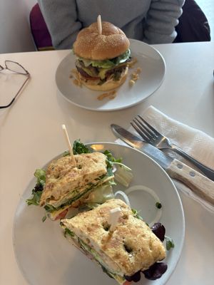 Mushroom burger + veggie focaccia sandwich  at Cozy Plum Bistro  in Sebastopol