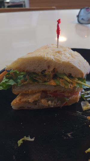 Chipotle "Chicken" sandwich. Comes with side salad. at Cozy Plum Bistro  in Sebastopol