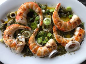 Broiled Pesto Prawns  at Cozy Plum Bistro  in Sebastopol