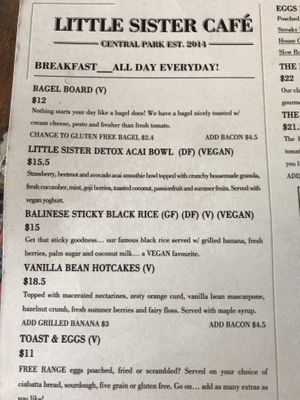 Two vegan options on menu, and a few vegeterian options at Little Sister Café in Auckland