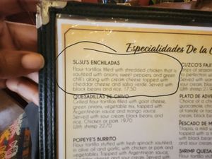 Susu's Enchiladas (substitute the chicken for black beans or rice, omit the cheddar cheese and cream cheese) at Rolando's in Hot Springs