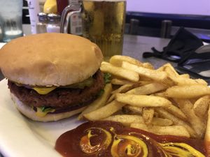 Delicious Beyond burger with no dairy, extra pickles and mustard. Fries super hot and crisp.   at The Purple Cow in Hot Springs