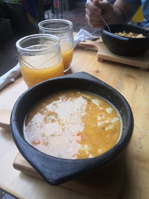 Soup and jugo (lunch menu) at Madreselva in Bogota