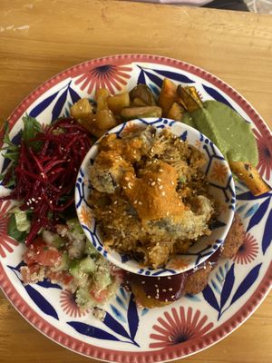 Menu del día with eggplant “shrimp"  at Madreselva in Bogota