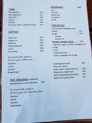 Breakfast menu at The Edge Restaurant in Hogsback