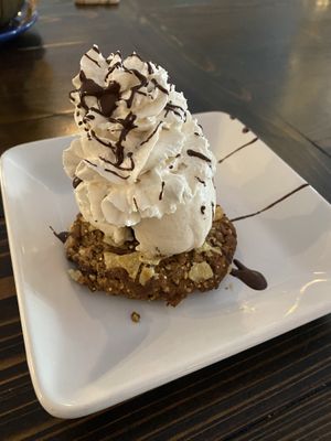 Sweet & Salty Gangsta O’Love cookie with vanilla gelato, oat milk whipped cream and chocolate drizzle at Annie O Loves in Charleston