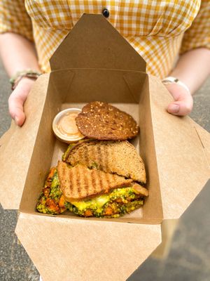 Vegan chick’n sandwich with cookie! at Annie O Loves in Charleston