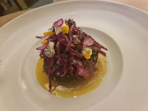 Lentil patty with red cabbage at Artemis in Central Singapore