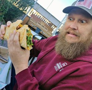 My giant husband with the Giant Taco! at Tacotarian - Downtown LV in Las Vegas