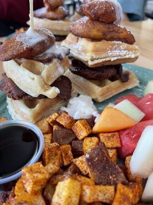 Chick’n and waffles sandwich - really good! Huge portion and the waffles taste like pastries  at Tacotarian - Downtown LV in Las Vegas