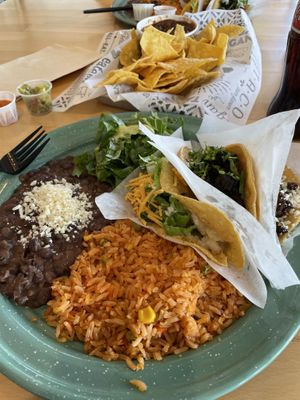 Taco platter with chips and salsaa  at Tacotarian - Downtown LV in Las Vegas