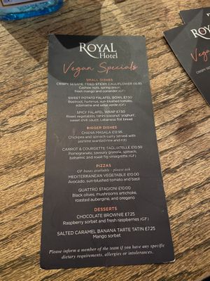 Vegan menu  at The Royal Hotel in Kirkby Lonsdale