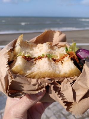 Focaccia with salami and salad (September 2023) at Iwtopia Deli in Aberystwyth