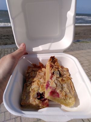 Cherry Bakewell slice (September 2023) at Iwtopia Deli in Aberystwyth