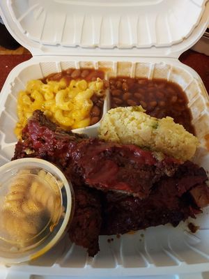 Ribs with mac & cheese, baked beans, and pasta salad with brocccol. at Sunshine Vegan Eats in Buffalo