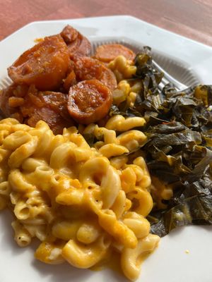 Nikki special - mac&cheese, yams, greens at Sunshine Vegan Eats in Buffalo