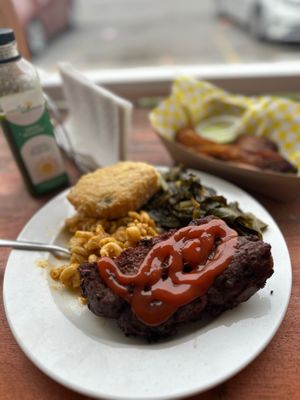 Ribs with Mac and Cheese, Collard greens, plantains, and Green Monster drink.  at Sunshine Vegan Eats in Buffalo
