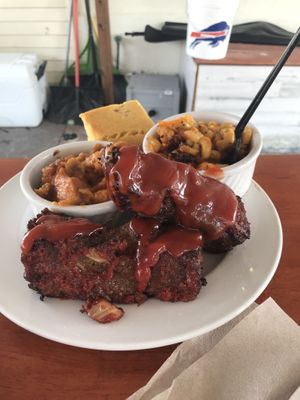 Rib plate with cornbread, yams and Mac   at Sunshine Vegan Eats in Buffalo