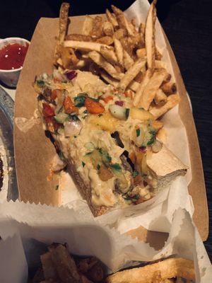 seitan sandwich with cheese sauce and a bunch of other weird condiments   at Tröegs Brewing Company in Hershey