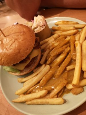 Bacon cheese burger with katsu fries at Shrub in Chester