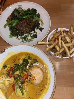 Laska curry, butternut squash and baba ganoush, and salt and pepper fries   at Shrub in Chester
