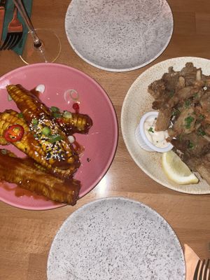 BBQ corn ribs and mushroom calamari   at Shrub in Chester