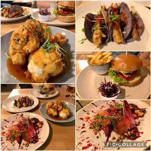 Cauli bites, tacos, sweet and sour beetroot and the house burger 🍔👌🌱 at Shrub in Chester