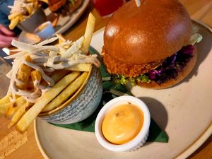 SFS Burger W/ Black Garlic & Parmesan Fries at Shrub in Chester