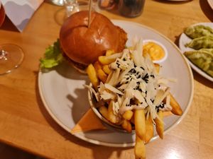 SFS burger with black garlic and parmesan fries at Shrub in Chester