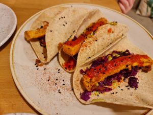 Tacos with fried tofu at Shrub in Chester