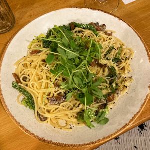 GF ‘bacon’ and mushroom spaghetti   at Shrub in Chester