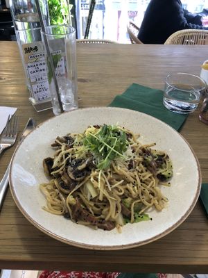 Vegan mushroom and ‘bacon’ carbonara   at Shrub in Chester