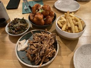 Kalettes, cauliflower, chips, and calamari  at Shrub in Chester