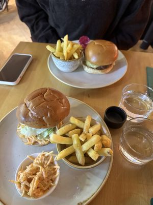 House burger above and kimchi burger at the bottom   at Shrub in Chester