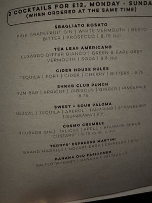 Cocktail menu. 2 cocktails for £12 at Shrub in Chester