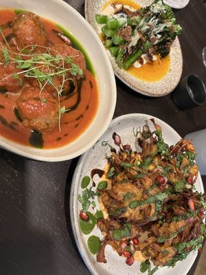 Broccoli meatballs and onion bhaji   at Shrub in Chester