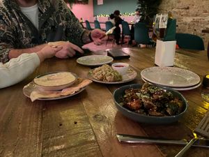 hummus, crispy sprouts and vegetable gyoza  at Shrub in Chester