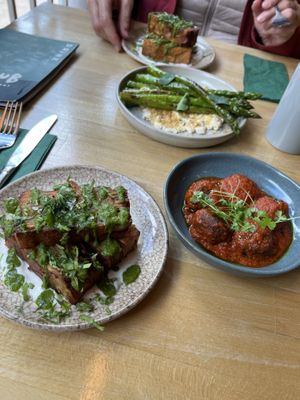 Potato terrine (so good!), meatballs, asparagus  at Shrub in Chester