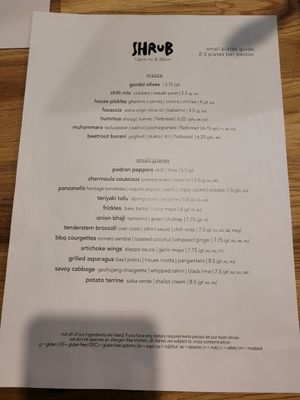 Food Menu at Shrub in Chester