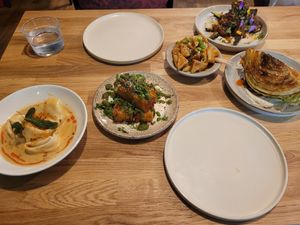 Pumpkin Tortellini, Potato Terrine, Teriyaki Tofu, BBQ Courgette and Savoy Cabbage at Shrub in Chester